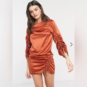 ASOS DESIGN Long Sleeve Ruched Shift Satin Rust Mini Dress